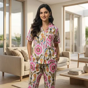Jaipur 100% Cotton Women's Night <b>Suit</b> Printed Lightweight Summer Short Sleeve <b>Pajama</b> Set Comfortable Home Wear Sleepwear Custom - Product Image 3