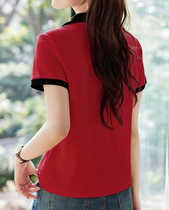 Women's Red Breathable Quick Dry for Shirt Short Sleeve Knitted Polyester/Cotton 160g Solid Color Casual Top - Product Image 3