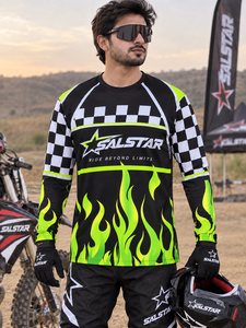 SALSTAR Men's Full Sleeve Motocross Jersey Sublimation Print <b>Flame</b> Checkered Design Quick Dry Racing <b>Shirt</b> Adult All Seasons - Product Image 3