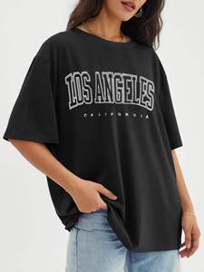 Camiseta Negra de Mujer Los Ángeles, Algodón, Hombros Caídos, Manga Corta, Cuello Redondo, Estilo Casual Urbano, Logotipo Personalizado, Alta Calidad - Product Image 2