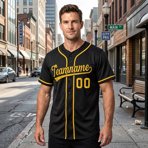 Camiseta de Béisbol Negra Personalizada con Ribete Amarillo, Nombre del Equipo 00 Bordado, Cierre de Botones Delanteros, Unisex, Adulto, Malla de Poliéster - Product Image 4
