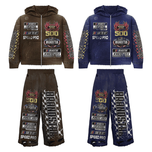 Ensemble de survêtements vintage surdimensionnés avec broderie personnalisée, sweat à capuche et pantalon de jogging zippé, unisexe, maternité - Product Image 2