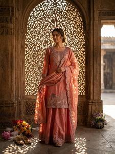 Ensemble Salwar en Soie Brodé Rose avec Dupatta, Coupe Ample, Tenue Traditionnelle Indienne et Pakistanaise pour Femme, Longueur au Sol - Product Image 2
