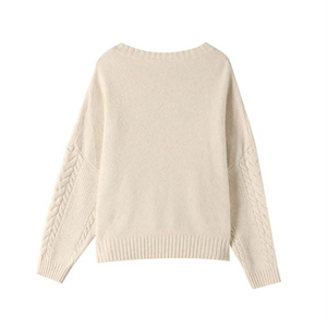 Men's Cream Knitted <b>Pullover</b> <b>Sweater</b> Solid Color Autumn Wear Regular Fit Long Sleeve Cable Pattern - Product Image 5