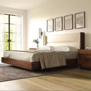 Luxury Solid Wood Framed Fabric <b>Bed</b> | Mid-Century Modern Hotel Bedroom Furniture - Product Image 1