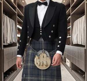<b>Men's</b> <b>Black</b> Prince Charlie Jacket and Blue Tartan Plaid <b>Kilt</b> Set with Sporran for Formal Scottish Wear - Product Image 1