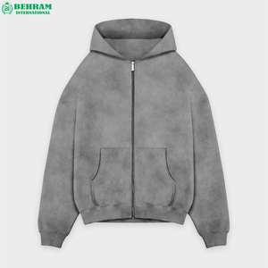 Sweat-shirt à capuche zippé pour homme, gris uni, coupe classique, décontracté, en molleton tricoté 100% coton, pour l'automne - Product Image 3