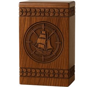 Urne funéraire artisanale en bois sculptée avec bateau et boussole, boîte à souvenirs pour cendres humaines, taille moyenne 9x5.5 - Product Image 1