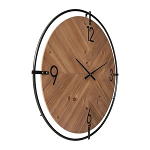 Rustic Wood Wall Clock <b>Round</b> Analog Quartz Design With Metal Frame For Living Room Decor - Product Image 1