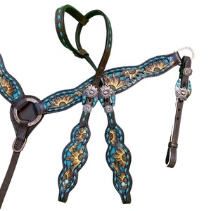 Ensemble de harnais de qualité supérieure pour cheval, en cuir véritable Western, avec collier de tête et harnais de poitrine motif tournesol, durable, léger et multifonctionnel. - Product Image 2