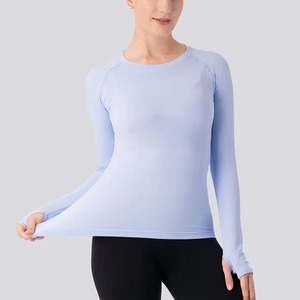 Camiseta Deportiva de Manga Larga para Mujer, Cuello Redondo, Secado Rápido, Tejido de Punto, Ajuste Delgado, Color Azul Claro - Product Image 6