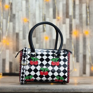 <b>Top</b> Selling Genuine Leather Duffel Bag Black White Checkered Pattern <b>Cherry</b> Embroidery <b>Top</b> Handle Zipper Closure Casual Style - Product Image 4
