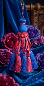 กระเป๋ากำมะหยี่สีกรมท่าพร้อมพู่ห้อยสีน้ำเงินและสีแดงสำหรับตกแต่ง - Product Image 5