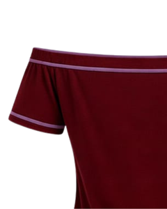 T-shirt femme rouge rubis à épaules dénudées avec bordure à rayures contrastées, manches courtes, coupe ajustée, haut décontracté d'été, fabricant OEM personnalisé - Product Image 5