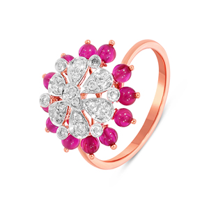 Anillo de Diamantes Blooming Elegance con Rubí en Forma de Flor, Anillo de Diamantes con Rubíes Redondos en Oro Rosa de 18K y Racimo de Diamantes en Forma de Pera - Product Image 1