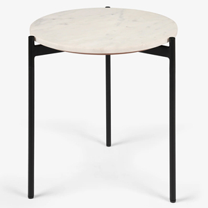 Table basse de salon pliable en bois d'acacia massif avec finition noyer, plateau rond en marbre blanc et base en métal, durable - Product Image 3