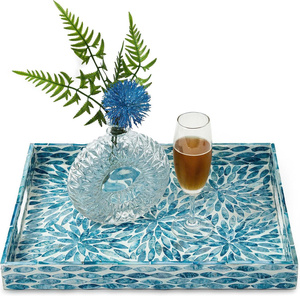 Set of 2 rectangular mother-of-pearl inlaid trays with <b>blue</b> floral patterns, serving trays with handles. - Product Image 5