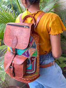 Sac à dos en cuir véritable brodé ethnique, sacs à dos multicolores brodés - Product Image 2