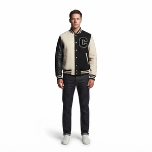 Custom Men's <b>Slim</b> <b>Fit</b> Breathable Asymmetric Colorblock Varsity <b>Jacket</b> Poly Wool Shell Lambskin Leather Sleeves for Autumn/Winter - Product Image 1