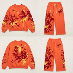 Ensemble de survêtement pour femme avec sweat-shirt imprimé cosmique orange et pantalon large, style streetwear galaxie, décontracté, deux pièces, mode ONEAPEX Apparels - Product Image 2