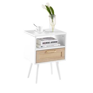 Tavolino Moderno in Rattan Bianco da 40 cm con Cassetto e Gambe in Legno Massello, Comodino o Tavolino Laterale per Camera da Letto o Soggiorno - Product Image 6