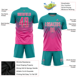 Maillot de football personnalisé bleu turquoise et rose - Sublimation 100% polyester, semi-évacuant l'humidité - Huzaifa Products, vêtements de football haut de gamme - Product Image 3