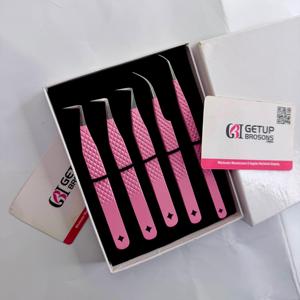GETUP BROSONS IMPEX Light <b>Pink</b> Powder Coating Silver Glitter Diamond Grip Curved Stainless Steel Smooth Tip Eyelash Tweezers - Product Image 6