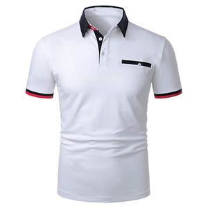 Polo à manches courtes blanc pour homme avec bordure noire et rouge, poche, en jersey de coton tricoté, coupe classique - Product Image 6