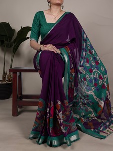 Sarees de Viscosa Chanderi, Colecciones para Bodas, Colecciones Festivas, Sarees Estampados al por Mayor, Sarees Chanderi Kalamkari - Product Image 3