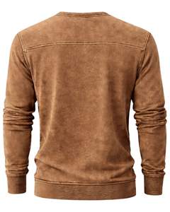 Sudadera Henley de Manga Larga para Hombre, Lavado Ácido, Color Camel Marrón, Estilo Casual con Botones y Bolsillos, Prenda de Invierno, Algodón, Corte Ajustado - Product Image 2