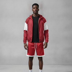 Men's Custom Red White Color Blocking Nylon Two Piece Jacket Jogging Suit <b>Set</b> Sports Windbreaker Tracksuit Shorts - Product Image 2