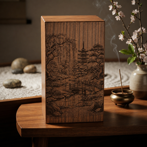 Wooden <b>Memorial</b> Urn Decorative Cremation Keepsake <b>Box</b> Carved Landscape Funeral Supply - Product Image 3