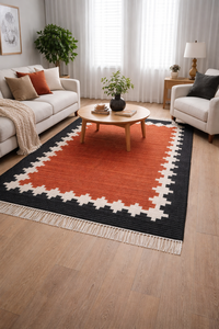 Handwoven <b>Wool</b> & Cotton Rug Black Brown Geometric Border Flatweave Reversible Washable Carpet Home Use - Product Image 6