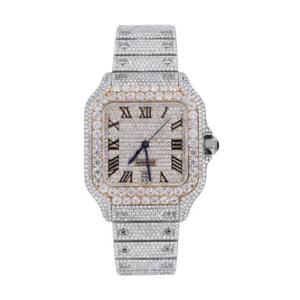 Montre à cadran carré de style mécanique à quartz, sertie de moissanite, bracelet en acier inoxydable, chiffres romains, pour homme - Product Image 5