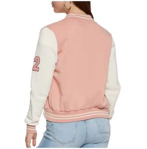 Chaqueta Universitaria Rosa y Blanca con Bordado de la Letra A, Cierre de Botones, Corte Regular, Estilo Preppy, Ropa de Otoño - Product Image 2