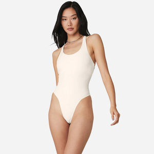 Maillot de bain une pièce pour femme, couleur unie, coupe haute, extensible, col rond, en spandex et nylon tricoté - Product Image 1