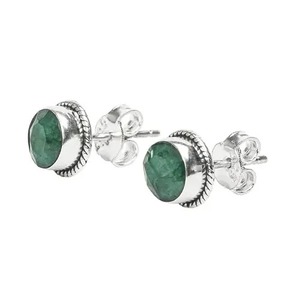 Handcrafted <b>Emerald</b> Faceted <b>Stud</b> <b>Earrings</b> 925 Sterling Silver Rope Edge Design Gold Plated Classic Everyday Jewelry Gift for Her - Product Image 1