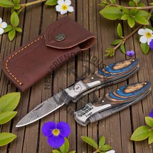 Nueva navaja de bolsillo Damasco hecha a mano y personalizada con mango de madera Pakka amarilla, las mejores navajas plegables para supervivencia y caza. - Product Image 4