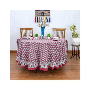 Long Red Motif Digital Round Printed Cotton Linen Tablecloth Geometric Pattern Red White Classic Style Washable Home Use - Product Image 1