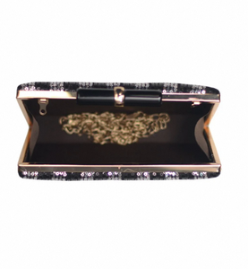 Luxury Black <b>Silver</b> Sequin <b>Clutch</b> Dual Side Design with Raw Silk Inner Designer Clasp and Long Sling Chain - Product Image 3