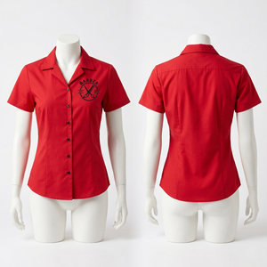 Chemise de Barbier Femme en Polyester Coton Premium 180 GSM Rouge, Uniforme de Salon, Design à Panneaux Princesse, Logo Personnalisé Sérigraphié - Product Image 1