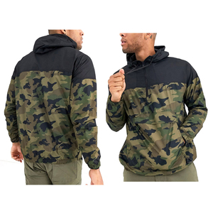 Custom OEM Wholesale Unisex Woodland <b>Camo</b> Half Zip Anorak <b>Windbreaker</b> Jacket Color Block Hooded Kangaroo Pocket Pullover - Product Image 1
