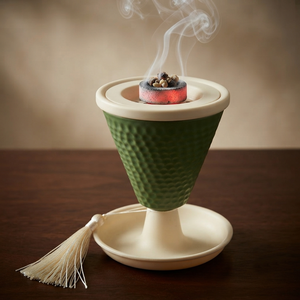 Hammered Theme <b>Green</b> Metal Arabic Incense Burner Featuring A Cream Tray Base, Matching Top Rim, And An Elegant <b>Silk</b> Tassel - Product Image 6