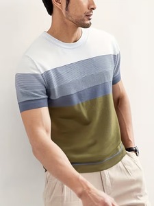 T-shirt en tricot rayé pour homme de qualité supérieure, coupe ajustée, panneau coloré, tee-shirt décontracté de luxe, logo personnalisé OEM - Product Image 3