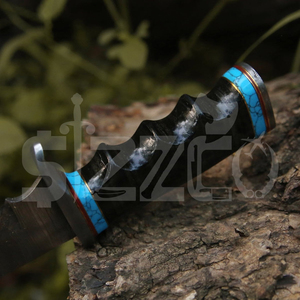 Couteau de chasse Bowie en acier Damas fait main sur mesure OEM, manche en corne de taureau, lame fixe, couteau de camping et d'extérieur EDC avec étui en cuir - Product Image 3