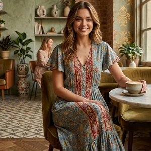 Robe chemise en soie de qualité supérieure pour femme, taille unique, bleu, motif floral paisley, robe longue, kaftan bohème |   Tenue de plage longue et fluide pour les vacances à la station balnéaire - Product Image 4
