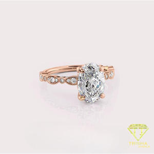 Bague de fiançailles en or jaune avec diamant de laboratoire taille ovale et bande accentuée d'un style vintage, élégante bague solitaire de mariage - Product Image 1