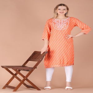 Women Orange Printed Straight <b>Kurti</b> Ethnic Casual Wear <b>Kurti</b>, Embroidery Work <b>Kurti</b> , Trendy <b>Kurti</b> , New Kurta - Product Image 1