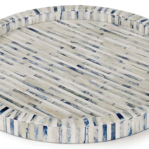 Round Bamboo <b>Decorative</b> <b>Tray</b> with Blue and White Pattern Style Artisan Crafted Interior Accessory Organizer - Product Image 6