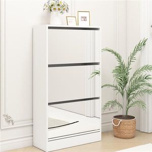 Modern White 3-Tier <b>Shoe</b> Rack Narrow Wood Slim <b>Shoe</b> <b>Storage</b> Cabinet with Mirror Dustproof Organizer for Home and Apartment - Product Image 1